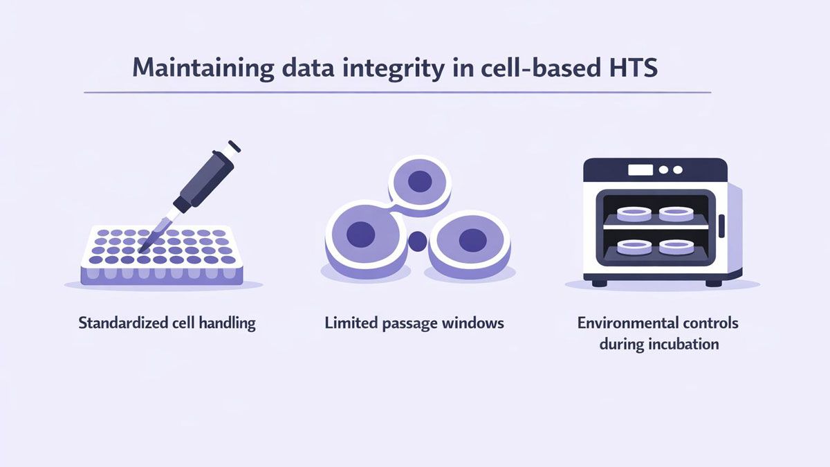 A graphic showing three factors to consider for maintaining data integrity in cell-based HTS.