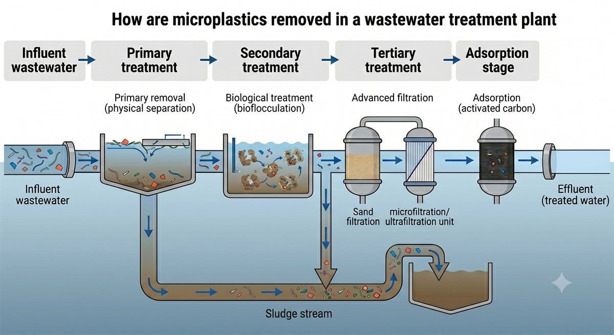 Figure 1: A diagram of microplastic removal technologies often used in wastewater treatment plants. Credit: AI-generated image created using Google Gemini (2026). An AI-generated diagram of microplastic removal technologies often used for wastewater treatment.