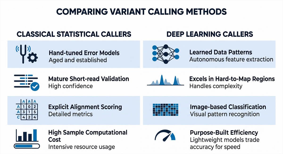 Figure 1: A side-by-side comparison of classical statistical vs deep learning variant calling methods. Credit: AI-generated image created using Google Gemini (2026). AI-generated side-by-side comparison table contrasting classical statistical variant callers vs deep learning callers.