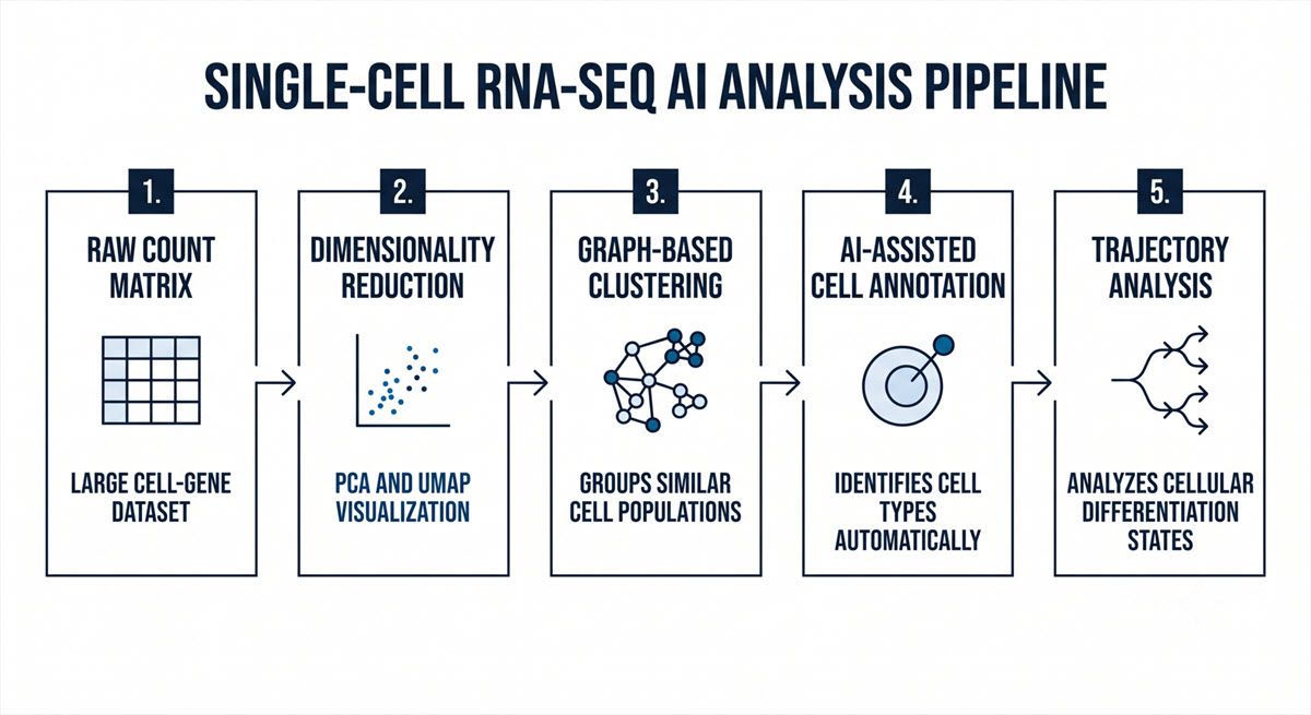 AI-generated five-step flowchart infographic illustrating the single-cell RNA-seq AI analysis pipeline from raw count matrix to trajectory analysis.