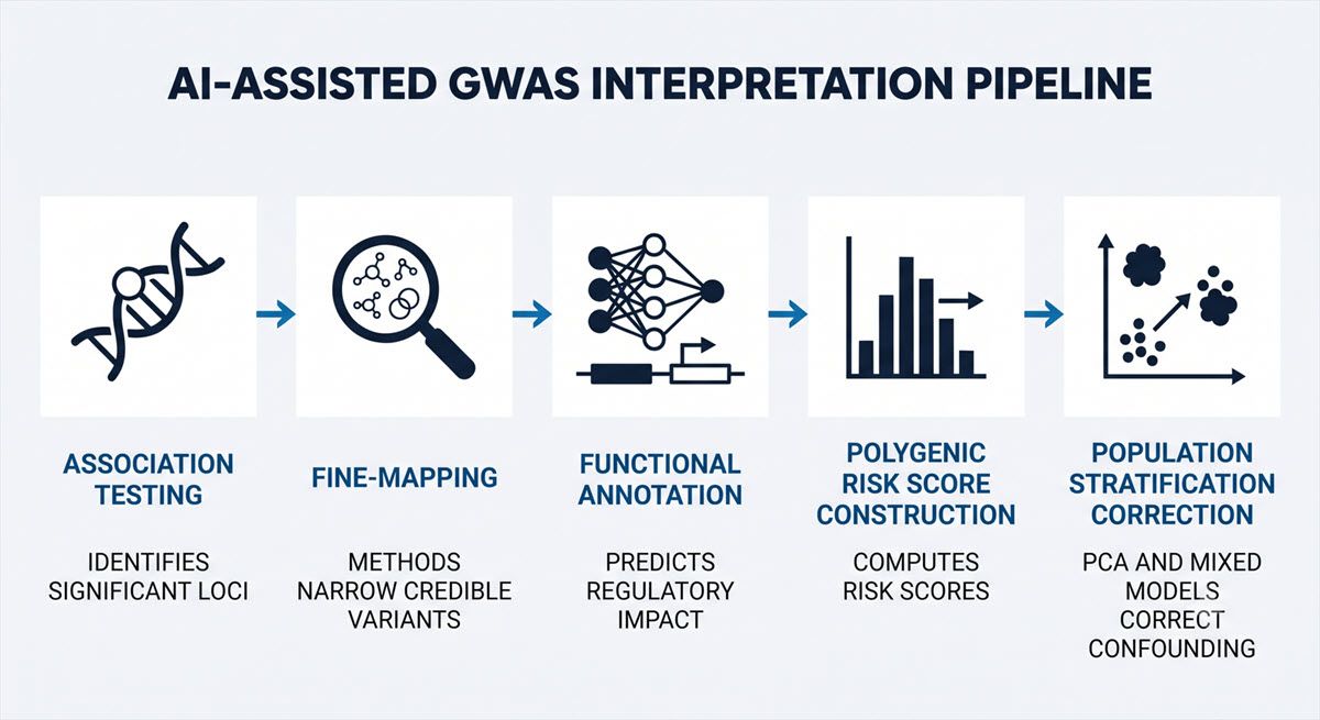 AI-generated flowchart of the five-stage AI-assisted GWAS pipeline from association testing to stratification correction.