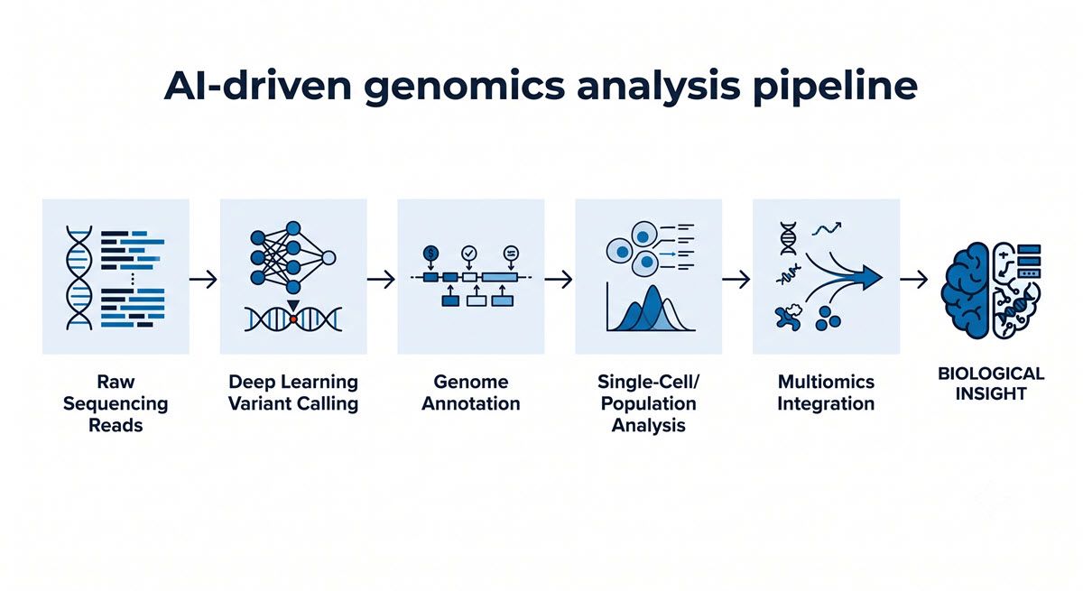 AI-generated flowchart of the AI-driven genomics analysis pipeline across five stages.