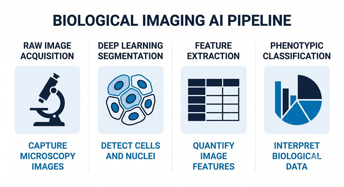 AI-generated schematic of a four-stage deep learning pipeline for biological image analysis.