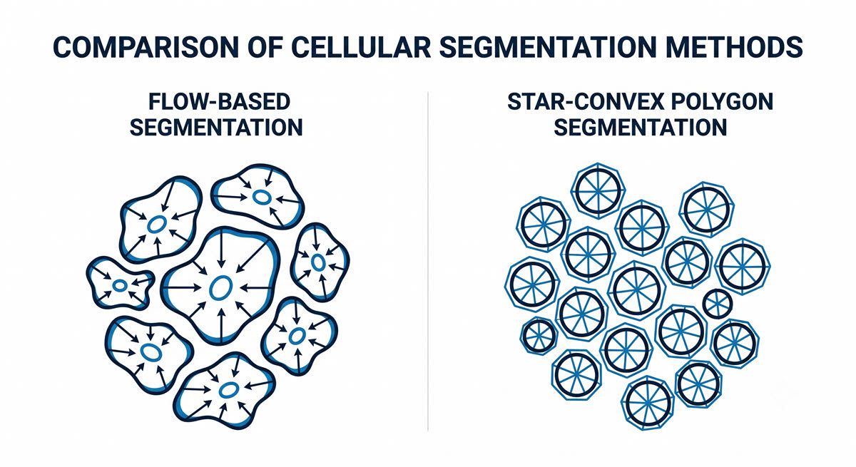 AI-generated schematic comparing flow-based and star-convex polygon segmentation.