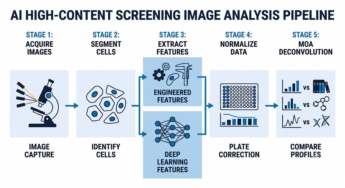 AI-generated flowchart of the high-content screening image analysis pipeline stages.