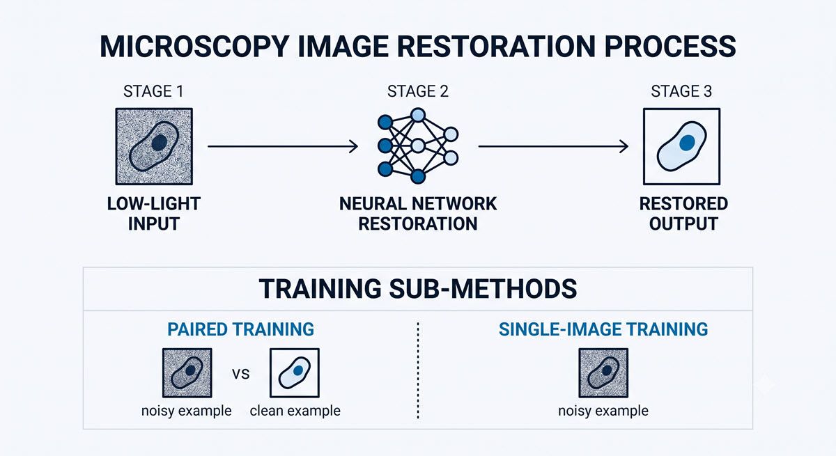 AI-generated flowchart of a low-light microscopy image being restored by a neural network.