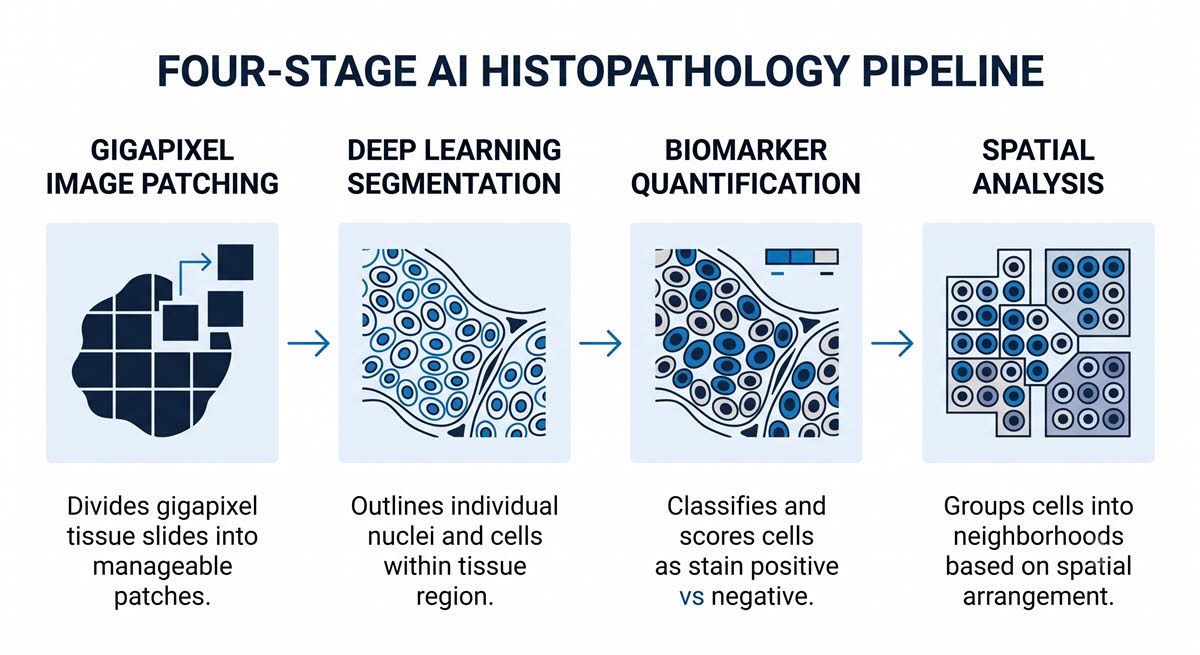 AI-generated schematic of a four-stage research histopathology deep learning pipeline.