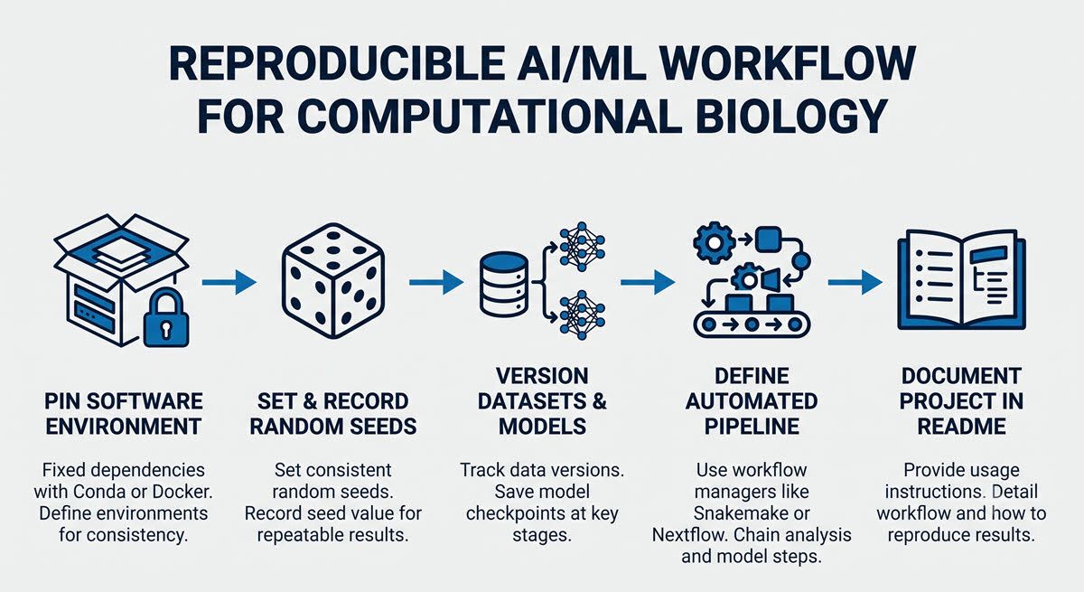 AI-generated five-step diagram for building a reproducible computational biology ML workflow.