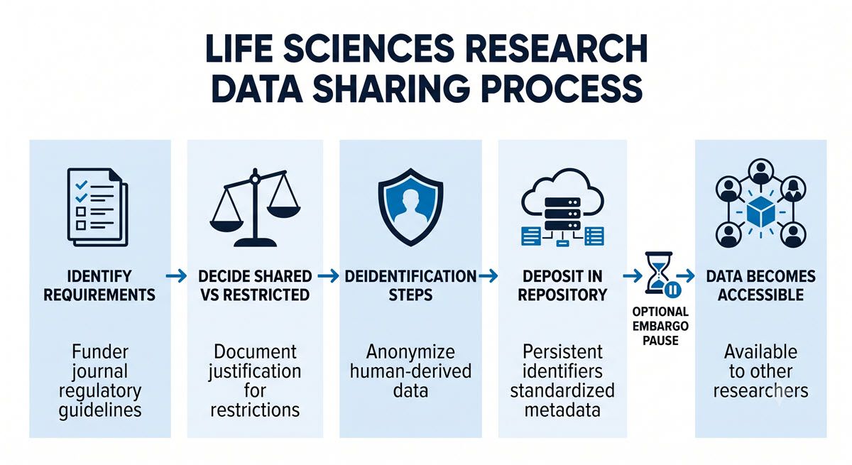 AI-generated flowchart of the research data sharing process from capture to repository deposit.