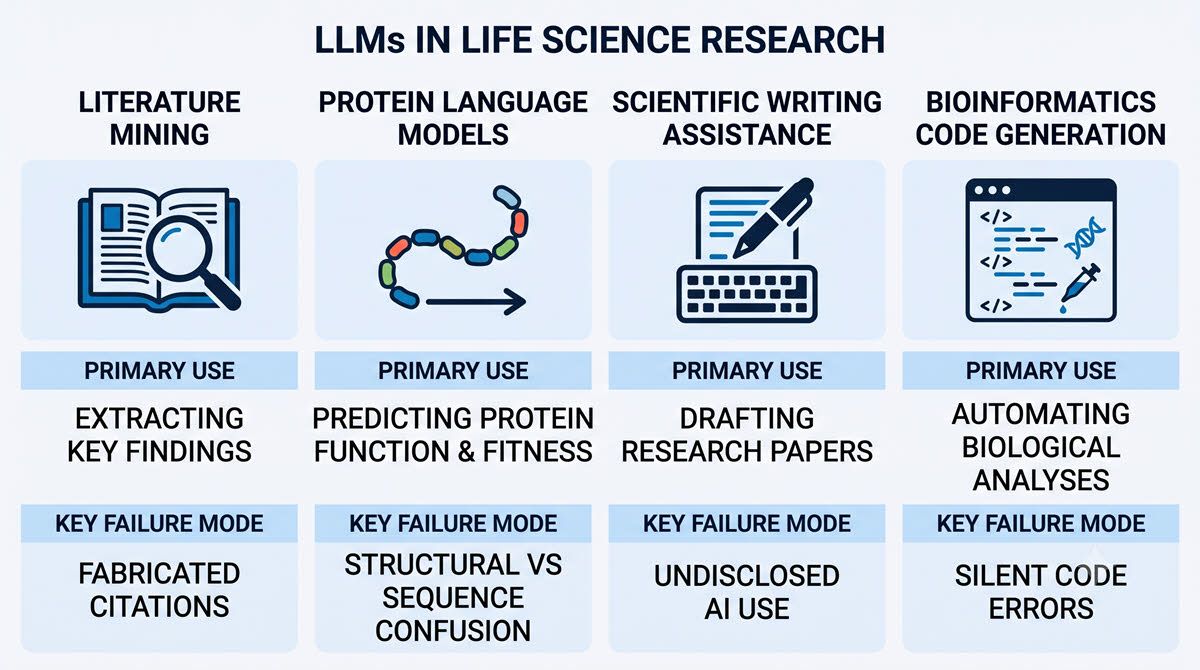 AI-generated schematic of four LLM uses in life science research and their risks.