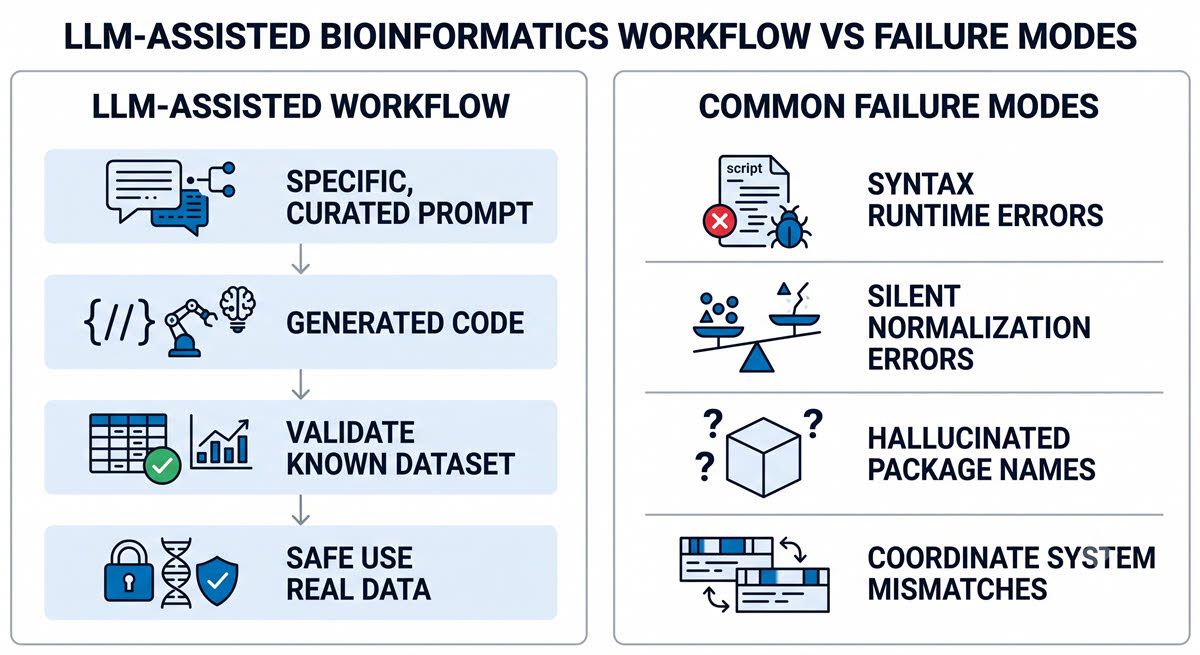 AI-generated diagram of AI code validation steps and common bioinformatics failure modes.