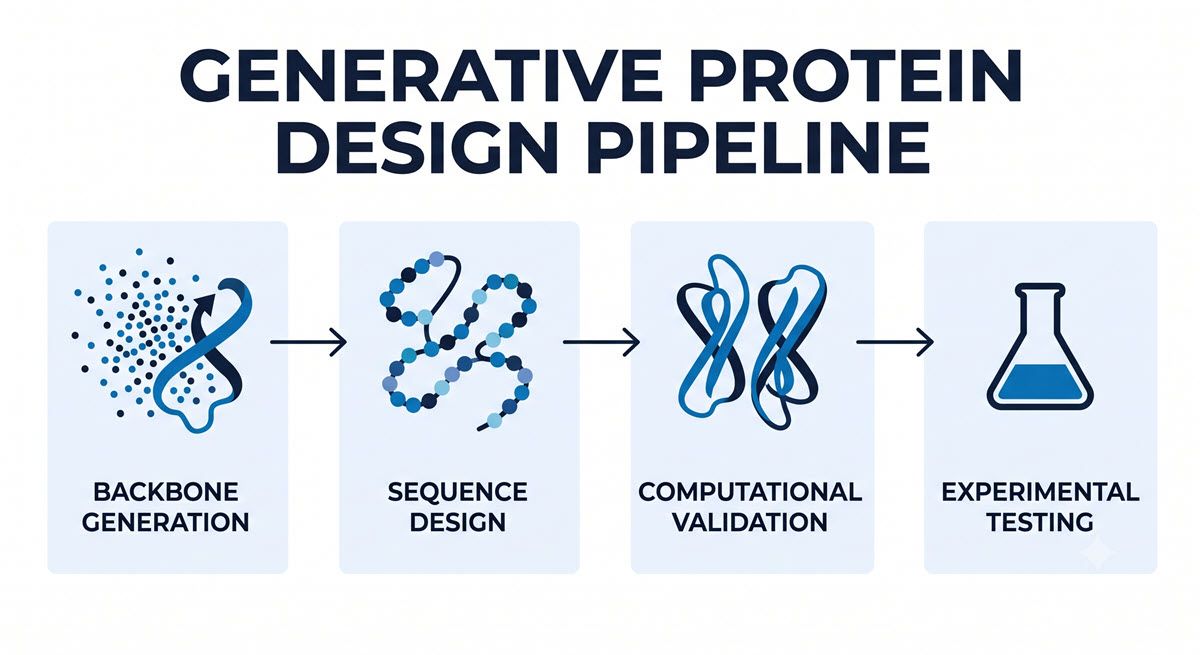 AI-generated diagram of the protein design pipeline from backbone generation to lab validation.