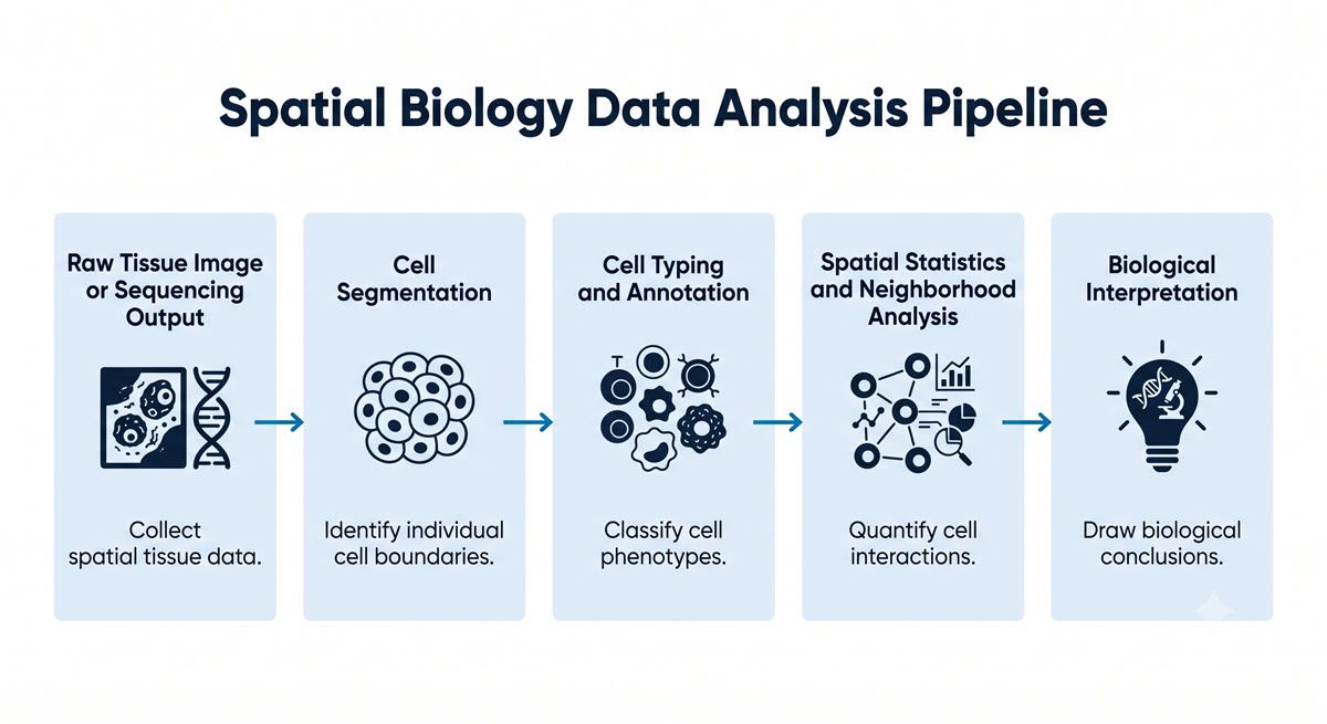 AI-generated flowchart of the spatial biology data analysis pipeline from tissue to insight.