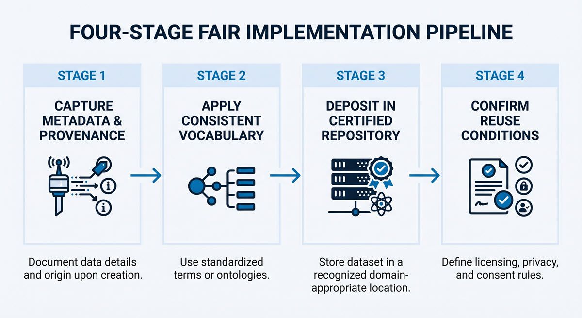 AI-generated flowchart of the four-stage FAIR data implementation pipeline for researchers.
