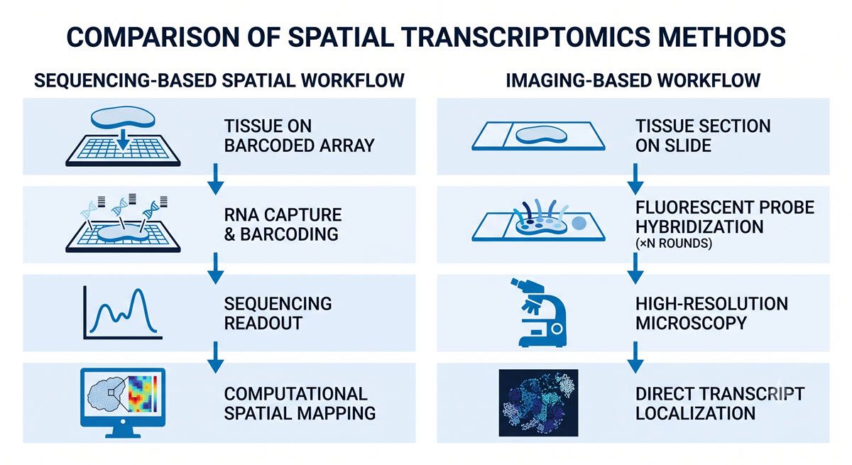 Figure 1: A side-by-side comparison of the sequencing-based and imaging-based spatial transcriptomics workflows. Credit: AI-generated image created using Google Gemini (2026). AI-generated diagram comparing sequencing-based and imaging-based spatial transcriptomics workflows.