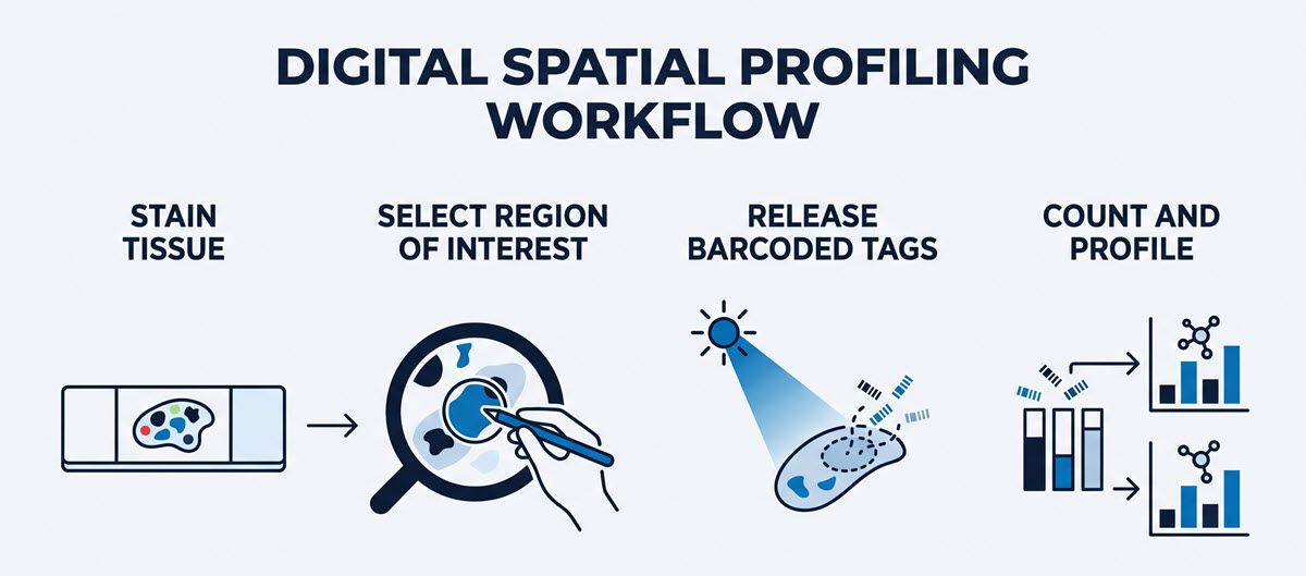 AI-generated schematic of the four-stage digital spatial profiling workflow.