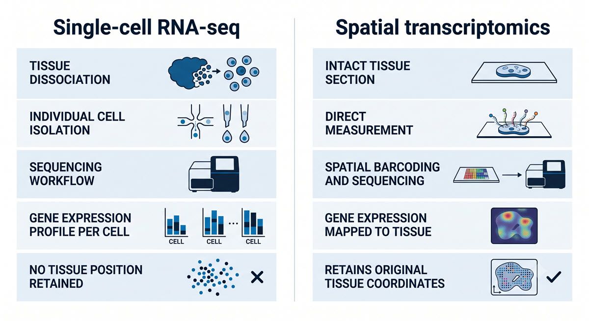 AI-generated comparison of scRNA-seq and spatial transcriptomics workflows.