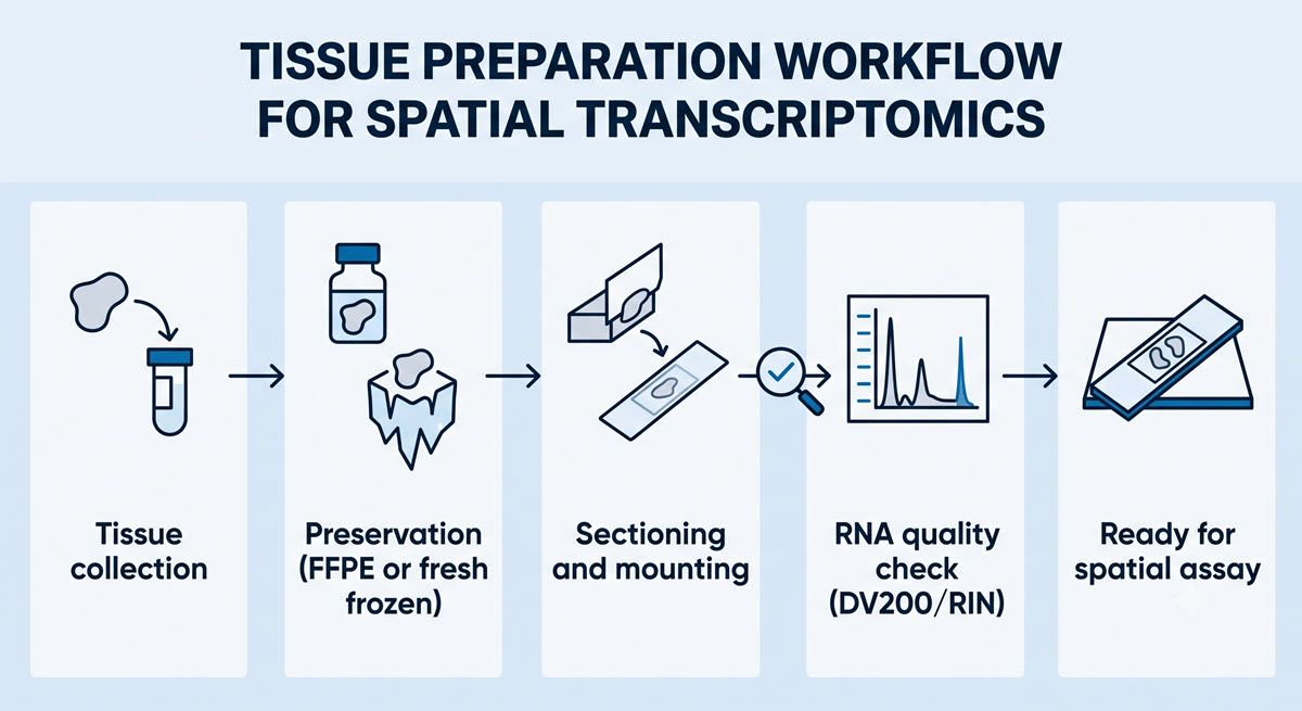 Figure 1: A linear flowchart of the tissue preparation workflow for spatial transcriptomics, from collection and preservation through sectioning and RNA quality checkpoints. Credit: AI-generated image created using Google Gemini (2026). AI-generated flowchart of the spatial transcriptomics tissue preparation workflow stages.