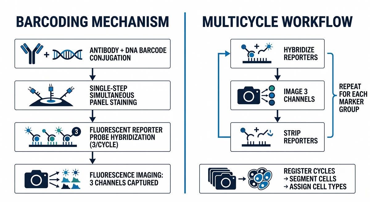 AI-generated two-panel diagram of the CODEX barcoding mechanism and PhenoCycler multicycle imaging workflow in sequence.