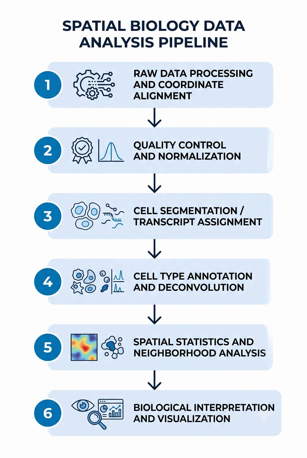 AI-generated flowchart of the six-stage spatial biology data analysis pipeline, from raw data processing to biological interpretation.