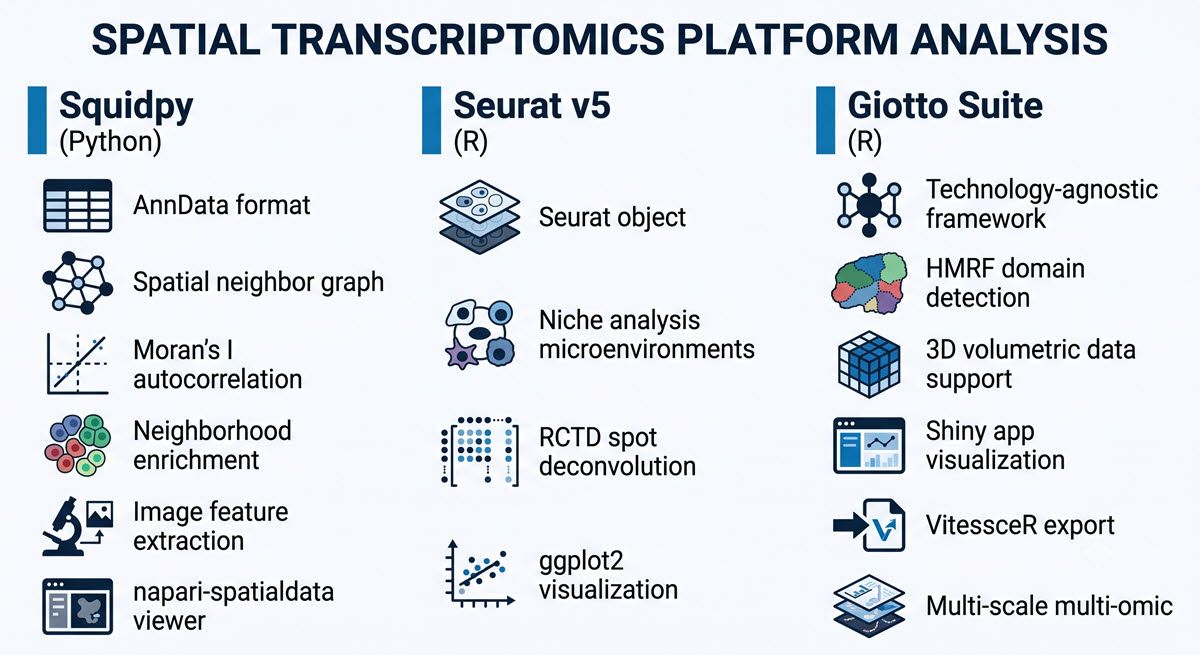 Figure 1: Core features of Squidpy, Seurat v5, and Giotto Suite organized by language ecosystem and analytical capability. Credit: AI-generated image created using Google Gemini (2026). AI-generated three-column diagram comparing the key features of Squidpy, Seurat v5, and Giotto Suite spatial analysis toolkits.