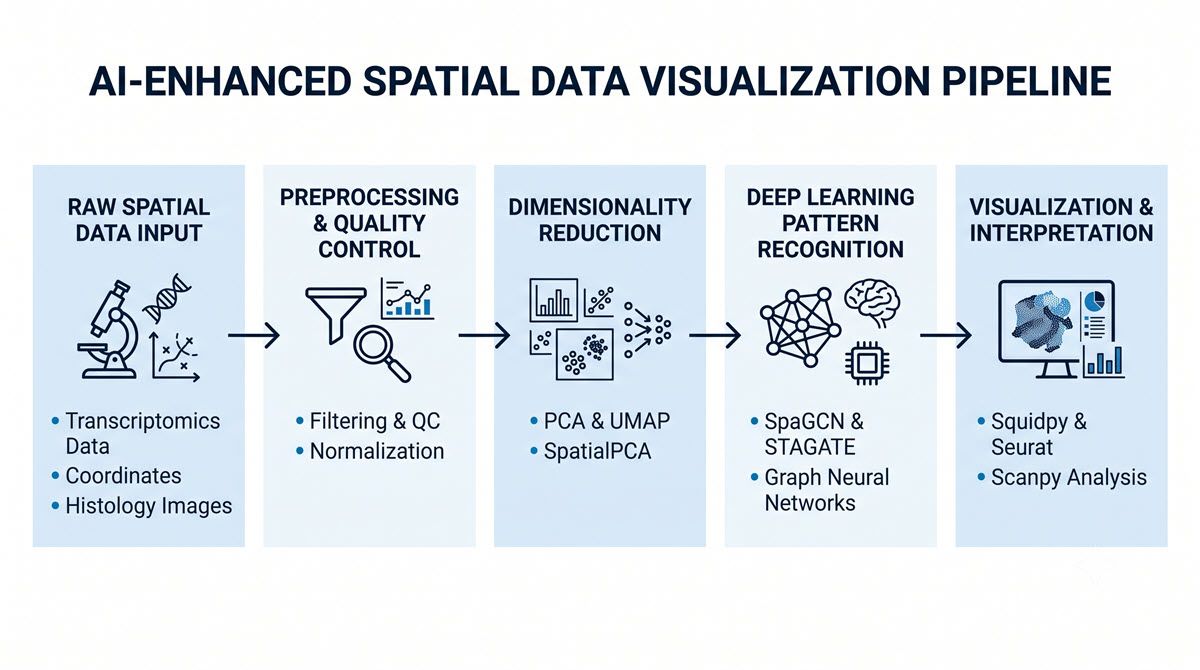 Figure 1: An AI-enhanced spatial data visualization pipeline, from raw molecular and positional measurements through deep learning pattern recognition to interactive biological interpretation. Credit: AI-generated image created using Google Gemini (2026). AI-generated flowchart of a five-step spatial data visualization pipeline from raw data through graph neural networks to interactive tissue visualization.