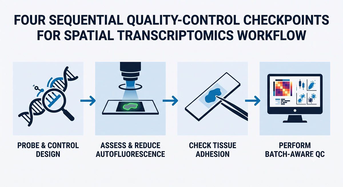 AI-generated flowchart of four QC checkpoints in a spatial transcriptomics workflow.