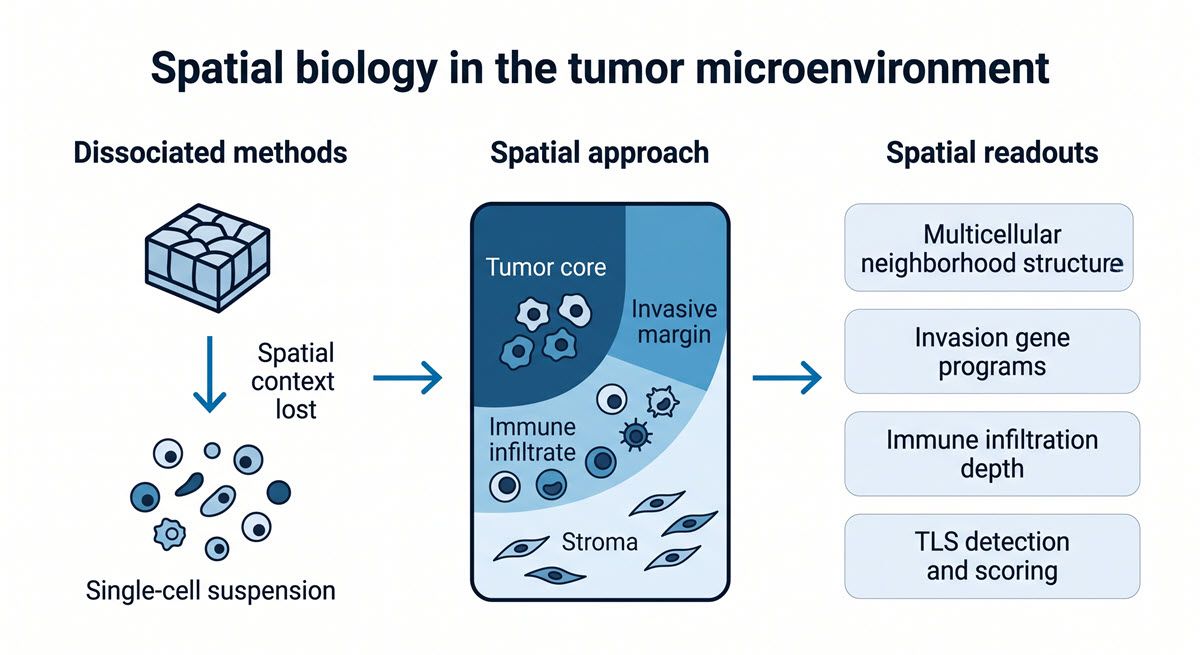 AI-generated three-panel diagram comparing tissue dissociation and spatial tumor analysis approaches in cancer research.