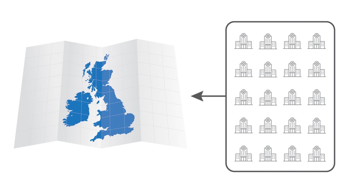 Images representing the 20 hospitals in the sample alongside a map of the UK representing the national average score.