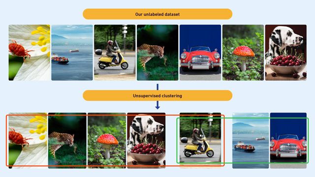 A selection of images and then the same images underneath but grouped together by some commonality indicated by two colored rings.