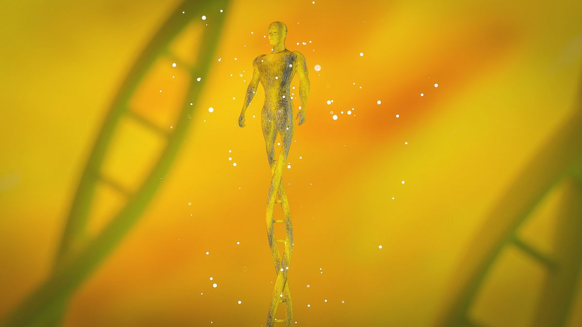 The outline of a human by the side of two DNA double helix against a yellow background.
