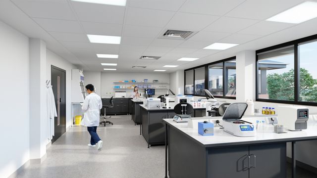 Figure 1: Artistic rendering of a new tenant-occupied lab space (equipment is illustrative). Artistic rendering of a new lab space with benches, equipment and a scientist walking across in a lab coat.