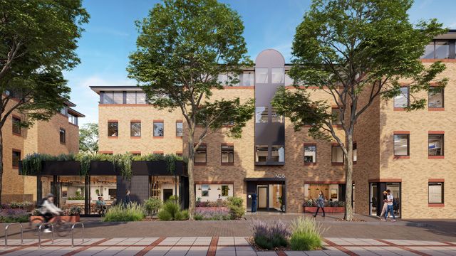 Figure 2: Artistic rendering of First-Step by journey, a disused office building in the heart of Cambridge transformed into lab and office space, meeting rooms and a café that will also be open to the public (left). Artistic rendering of the outside of a new lab building with plants in front and a cyclist going by.