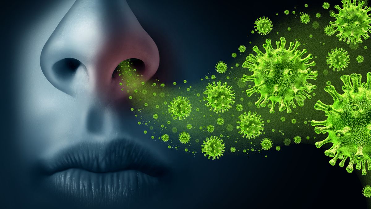 Green virus entering a person's nose in black and white, which can cause parosmia and effect how someone perceives the smell of coffee.