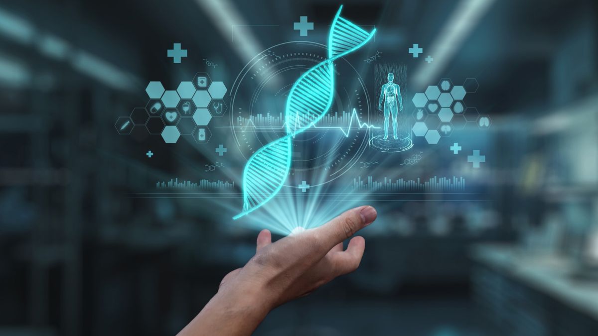 A hand holding a hologram of DNA, a human body and various health icons, representing proteomics in precision medicine