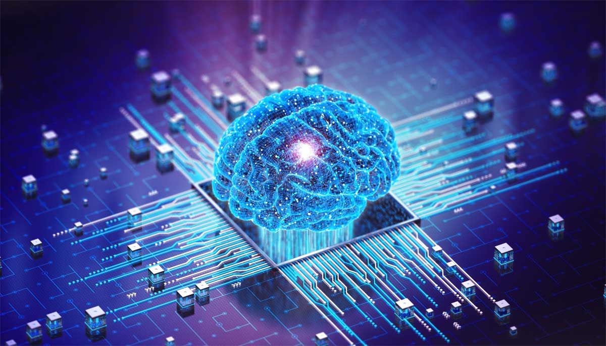 A brain in the center of a computer chip, representing emotional expression in artificial intelligence.