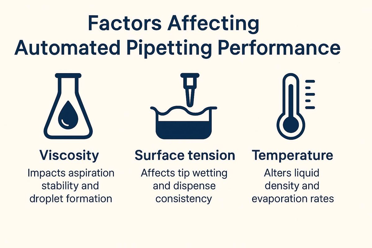 Infographic showing factors affecting automated pipetting: viscosity, surface tension, and temperature.