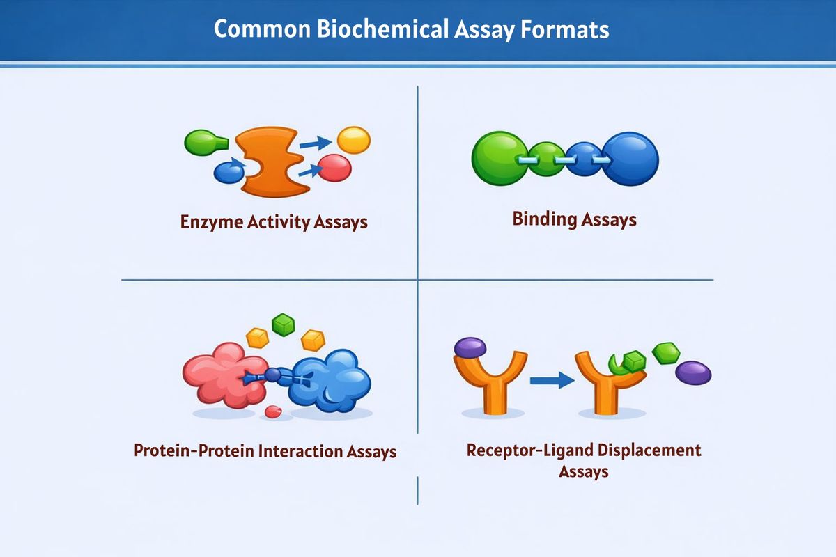 An AI-generated image illustrating four biochemical assays; enzyme activity, binding, protein-protein interactions, and receptor-ligand displacement.