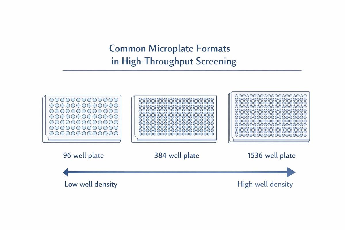 An AI-generated image of a 96-, 384- and 1536-well plate, with an arrow showing how well density increases between the formats.
