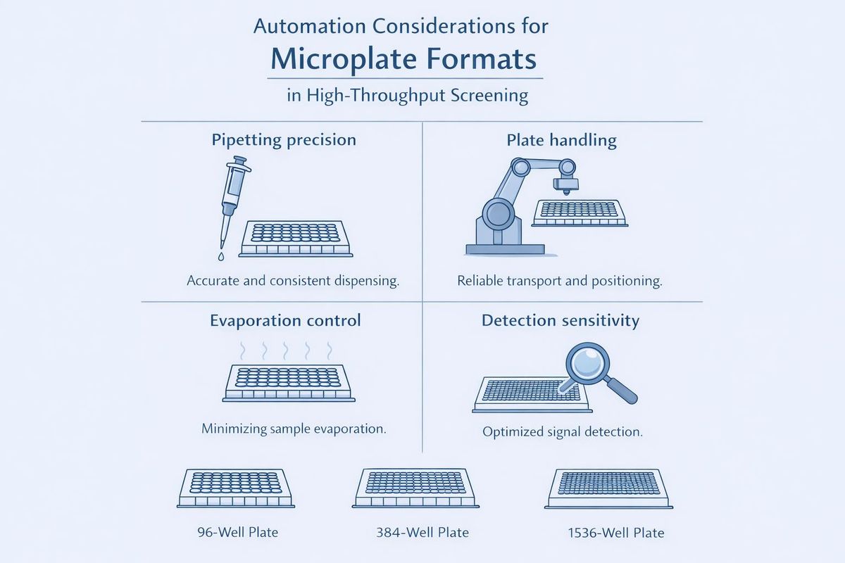 An AI-generated image of major automation considerations for HTS, including pipetting precision, plate handling, evaporation control, and detection sensitivity.
