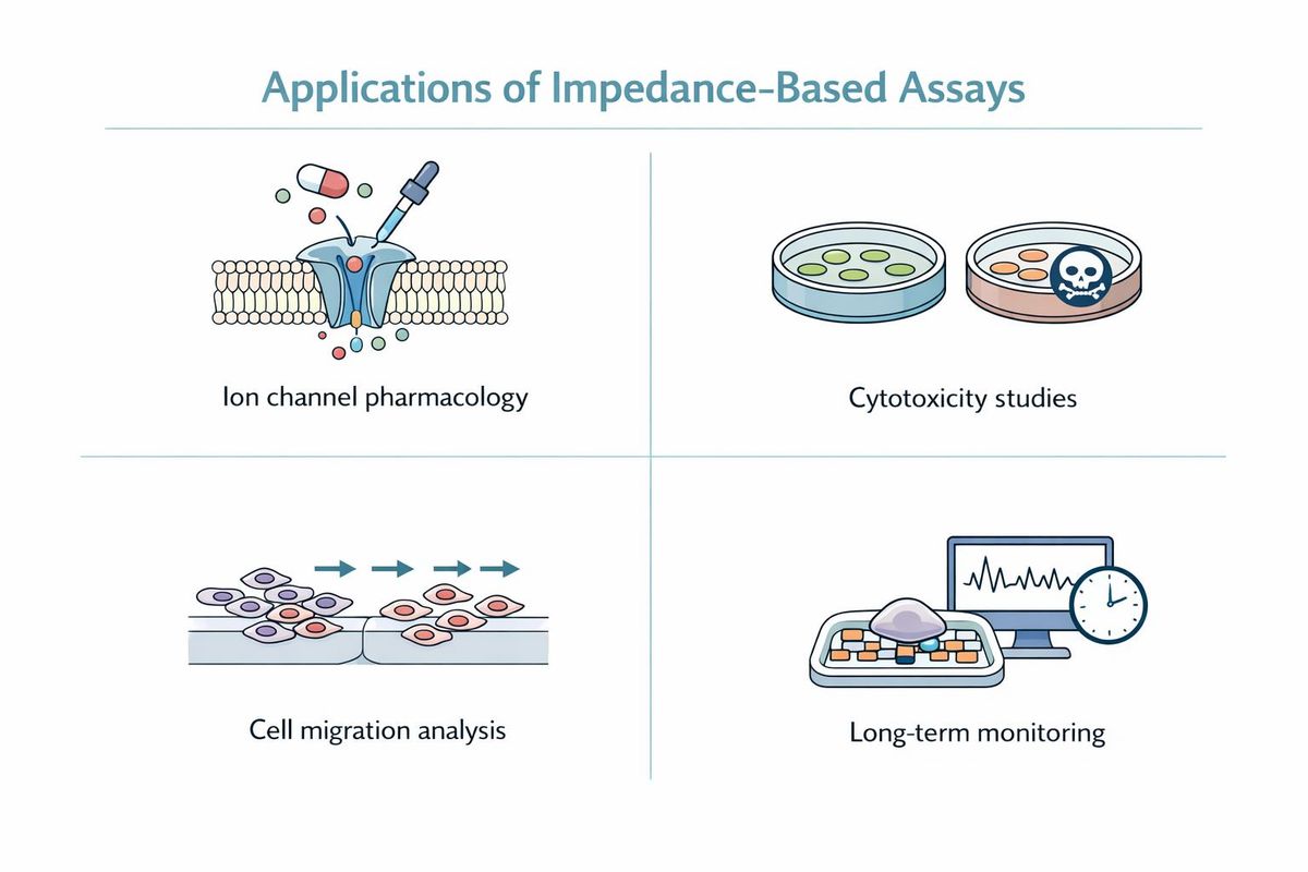 An AI-generated graphic illustrating four applications of impedance-based assays in drug discovery; ion channel pharmacology, cytotoxicity studies, migration analysis, and long-term monitoring.