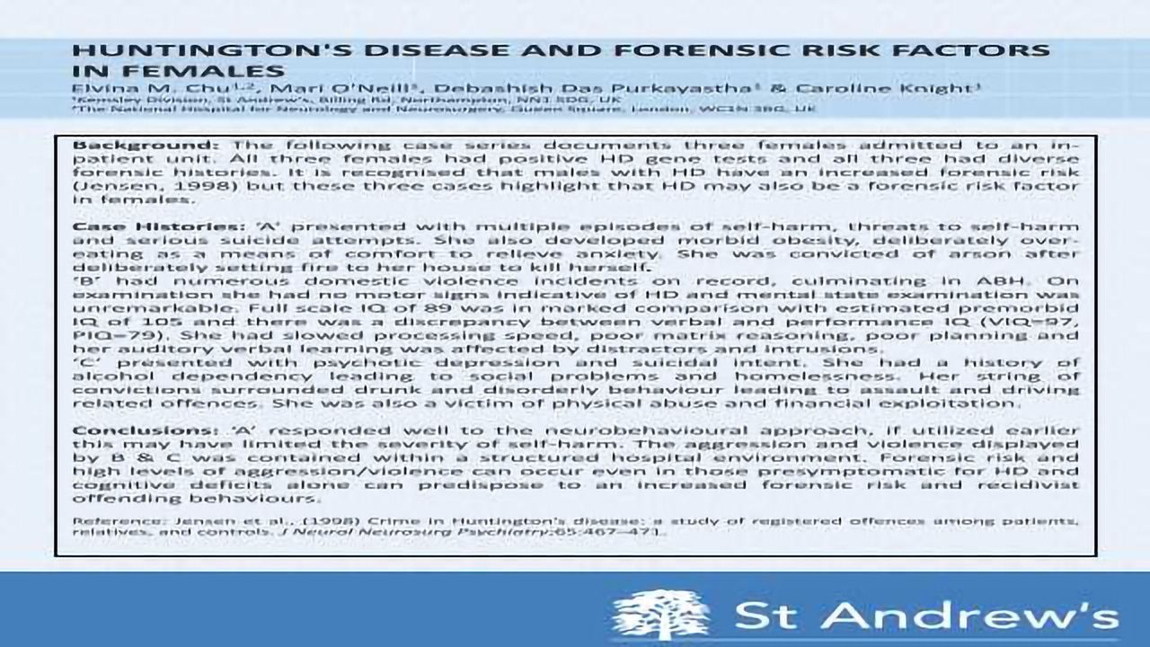 Huntington's Disease And Forensic Risk Factors In Females