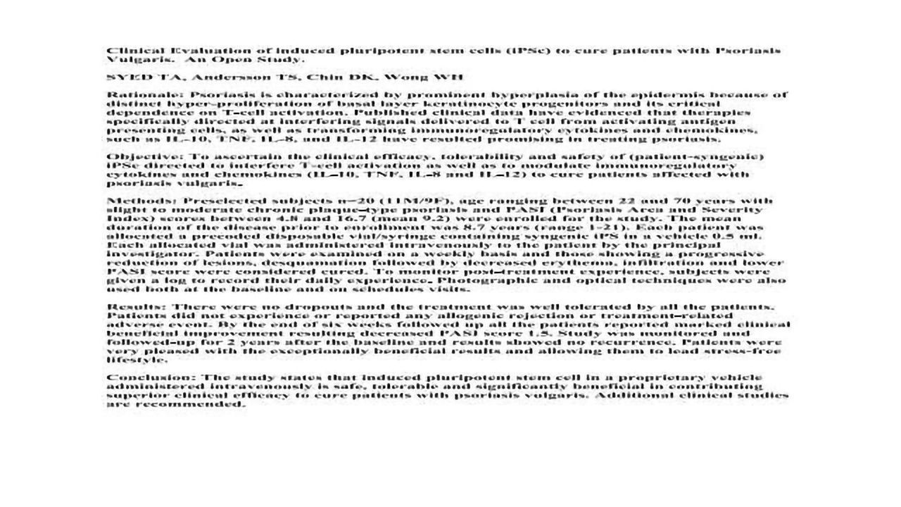 Clinical Evaluation of induced pluripotent stem cells (iPSc) to cure patients with Psoriasis Vulgaris. An Open Study.