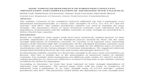 Ionic Strength Dependence of Formation Constants, Protonation and Complexation of Asparagine with Thallium (I)