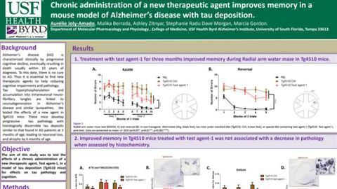 Chronic administration of a new therapeutic agent improves memory in a mouse model of Alzheimer’s disease with tau deposition.
