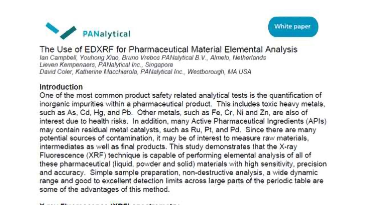 The Use of EDXRF for Pharmaceutical Material Elemental Analysis