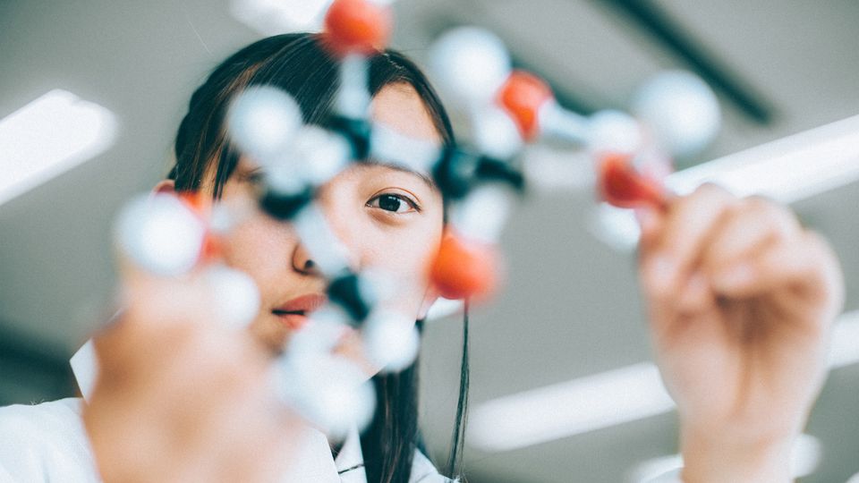 A female researcher looks at a plastic model of a compound.