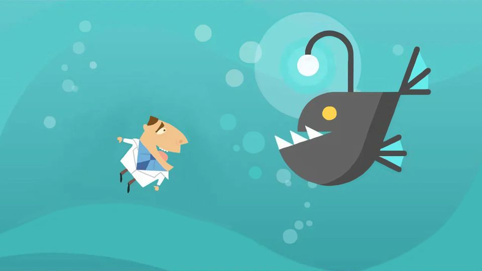 Underwater scene of a cartoon scientist and an angler fish.