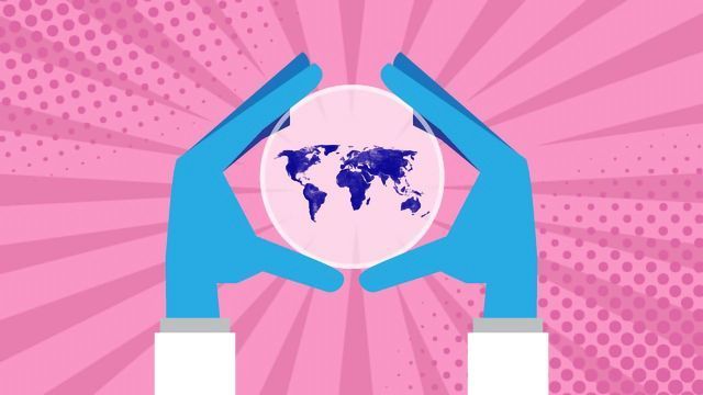 Cartoon of a globe held in gloved hands. 