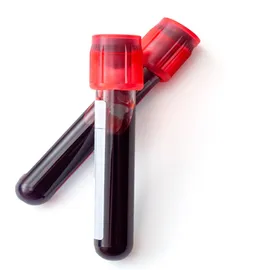 Two blood collection tubes containing blood samples on a white background.